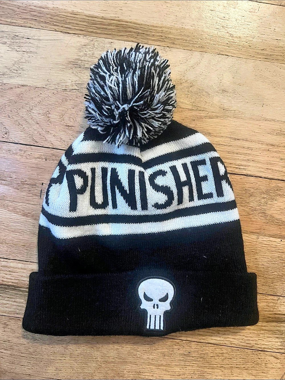 Marvel Punisher Striped Pom-Pom Beanie Black & White